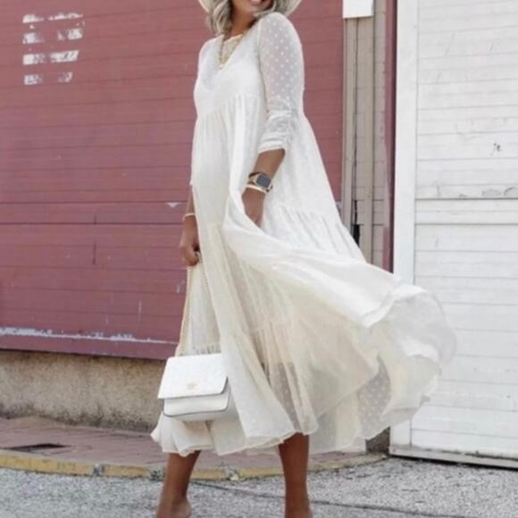 Zara Swiss‎ Dot Ruffle Long Dress Size Small Cream White - Picture 1 of 15